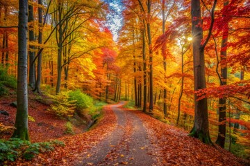 Fototapeta premium Vibrant autumn foliage surrounds a winding forest trail, evoking feelings of adventure and togetherness, perfect for outdoor leisure and travel campaigns.