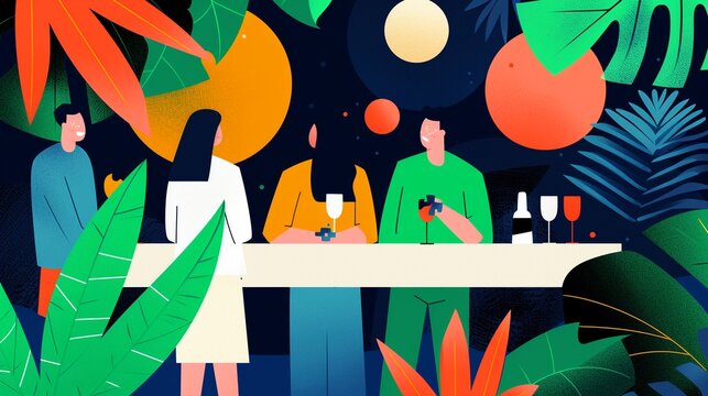 A secretive garden party at night, filled with laughter and cryptic decorations, with guests solving puzzles while enjoying the festivities, flat design illustration