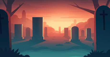 Fototapeta premium A sinister, otherworldly cemetery with ancient, crumbling tombstones, glowing fog, and ghostly apparitions drifting among the graves, flat design illustration