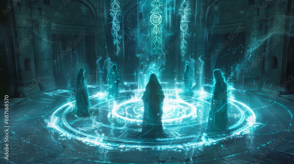 Poster a group of figures in hooded robes perform a ritual inside an ancient temple. glowing blue energy su
