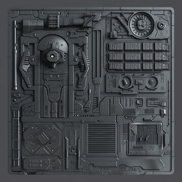 A grey background texture of sci-fi panels, game asset design sheet, 3D model view of a cpu snf 