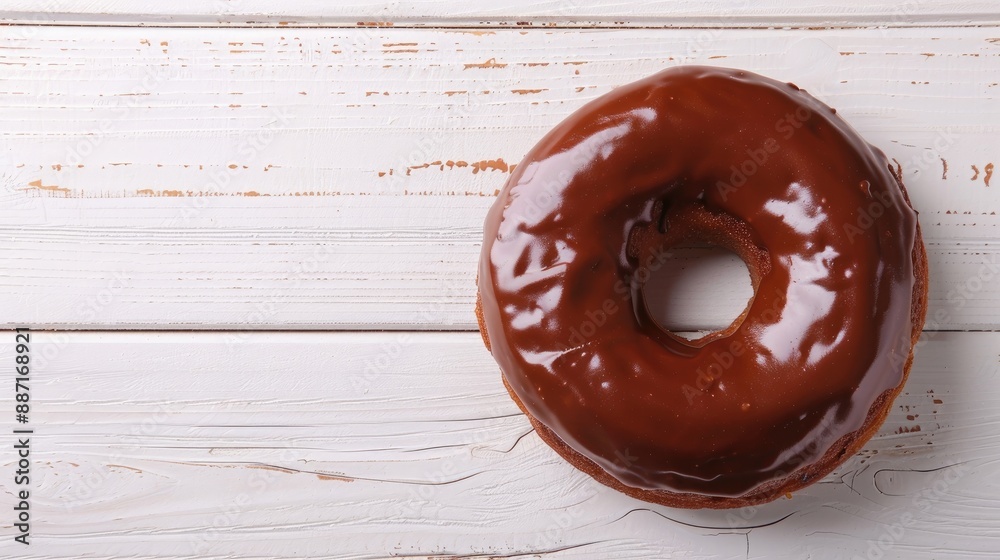 Poster a donut made of chocolate on a white wooden surface with space for text