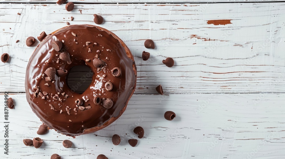 Poster a donut made of chocolate on a white wooden surface with space for text