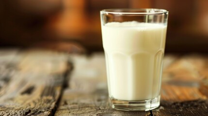 A glass of milk on a wood table