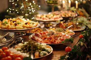 Fototapeta premium buffet foods on long table, Celebration, luxury food