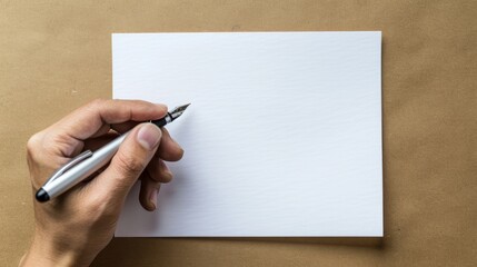 A person holding a pen and looking at a blank paper for text