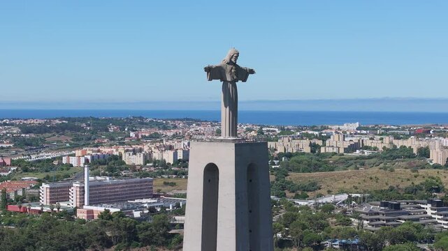 Aerial view of Sanctuary of Christ the King or Santuario de Cristo Rei on sunny summer day in Lisbon, Portugal.