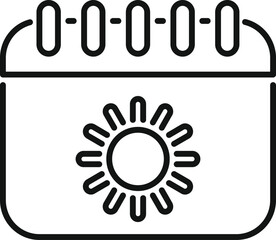 Simple black and white line drawing of a calendar page showing a sun icon, for summer vacation planning