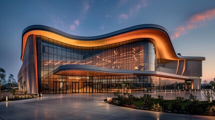 A large building with a curved roof and a glass facade