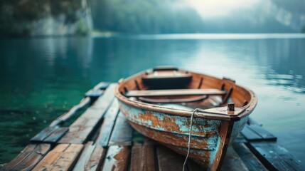 Obraz premium Aged boat near wooden dock blurry lake backdrop