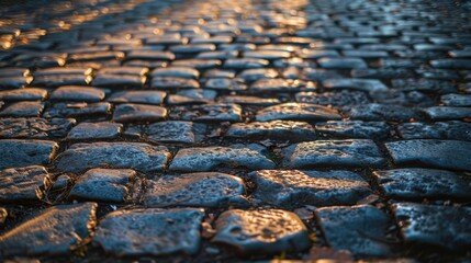 Aged cobblestone path with shallow focus