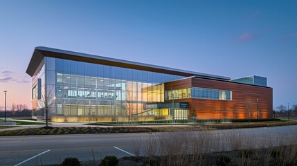 A large building with a lot of windows and a brown roof