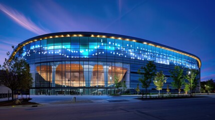 A large building with a blue and white design
