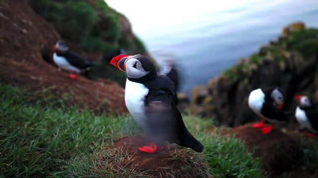 Single Atlantic puffin perched on a grassy cliff with a rocky backdrop in Iceland