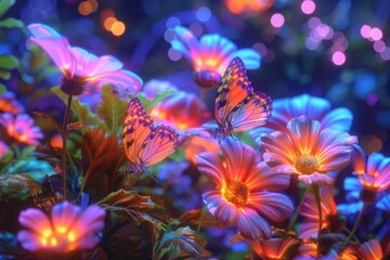 Vibrant flowers with butterflies under neon lights in a magical garden setting.