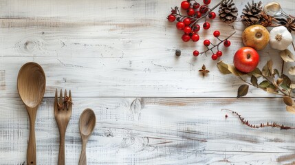 Aged white table with utensils for specific time of year