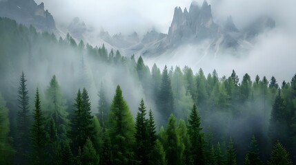 Naklejka premium Misty coniferous forest in Dolomites