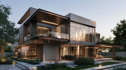 A large, modern house with a large glass front door and a large glass window