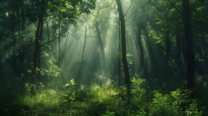 Green forest bathed in sunlight