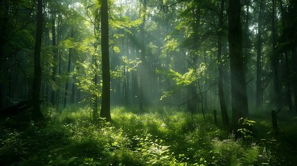 Obraz premium Green forest with sunlight filtering through the trees