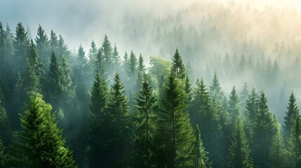 Fototapeta premium Spruce forest on the hill in morning haze