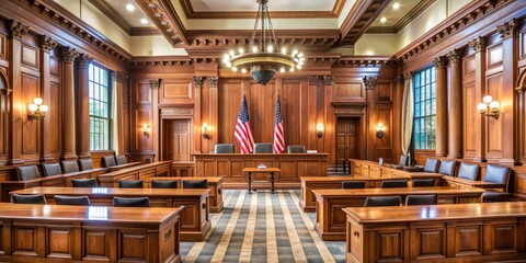 Elegant wooden benches, richly polished tables, and solemn flag-adorned walls set the tone for a private, high-stakes legal negotiation in a vacant District Court chamber.