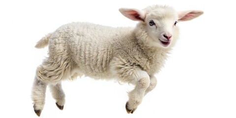 Obraz premium Adorable little sheep with fluffy white coat jumping high in the air, suspended in mid-leap, with a joyful expression, against a pure white background.