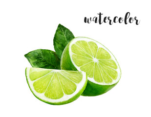 Watercolor lime slices and leaves for vibrant citrus illustrations, fresh and colorful compositions