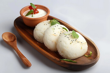 Board and plate of tasty Idli with on white background.