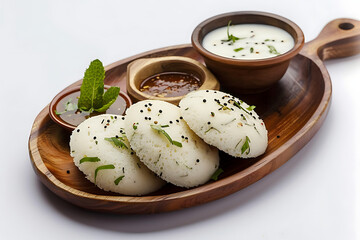 Board and plate of tasty Idli with on white background.