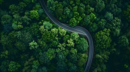 Aerial view of a road in the middle of the forest