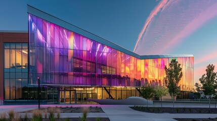 A building with a large window that is lit up with a rainbow of colors