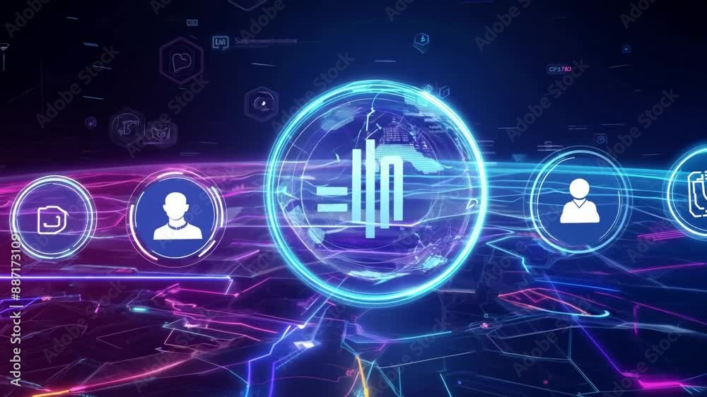 Poster a stylized digital interface showing a series of circular icons with user profiles and data symbols,
