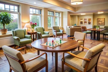 Empty game table with scattered playing pieces and cards, surrounded by comfortable furnishings, in a warm and inviting geriatric clinic common area.