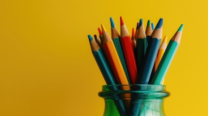 Colorful drawing pencils in green glass on a yellow background for Knowledge Day or International Literacy Day