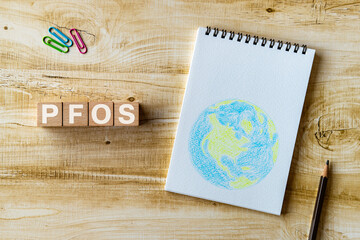 There is wood block with the word PFOS. It is an abbreviation for Per Fluoro Octane Sulfonicacid as...