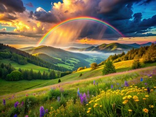 Fototapeta premium Vibrant rainbow spans the sky, arching over a lush green valley with misty clouds, golden light, and dew-kissed wildflowers after a refreshing summer shower.