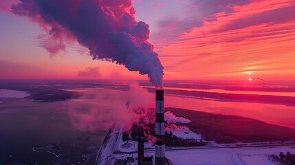 A high angle drone point of view aerial view of a tall smokestack releasing a large plume of water vapor and gases into the air with a colorful sunset on a cold winter evening on Long Island NY