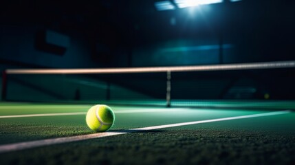 A tennis ball rests on the green court of an indoor tennis facility, illuminated by bright overhead lights, copy space