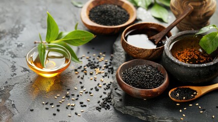 Black sesame seed and oil Food ingredients in Asian cuisine