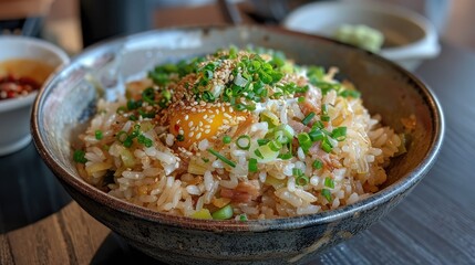 Rousu fried rice topped with Stir fried shredded pork and green pepper
