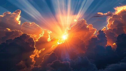 A stunning sunset scene with the sun s rays shining through a dark blue cloud