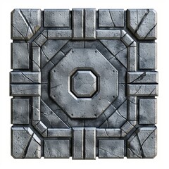 A futuristic mysterious 3D box made of stone and metal isolated on white background in the style of sci fi video games.