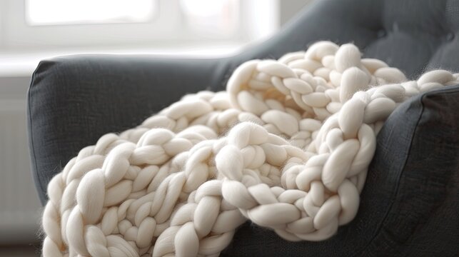 A blavk chair with a white bulk blanket Wool blanket knitted with hands