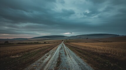 Naklejka premium Rural road stretching into distance beyond horizon among fields and hills under gray evening clouds