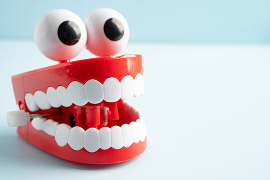 Tooth funny toy denture red color jaw and eye on white background with copy space.
