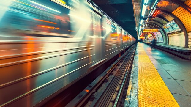 Dynamic blurred image of commuter train entering station halting to pick up passengers Motion captured in transit scene