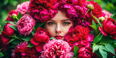 Naklejka premium Vibrant red and pink peony flowers overflow from a lush bouquet, gently concealing a face, capturing the essence of spring's beauty and romance in soft focus.