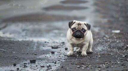 Obraz premium Amusing pug playing on a pavement