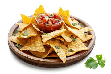 Board and plate of tasty Nachos with on white background.